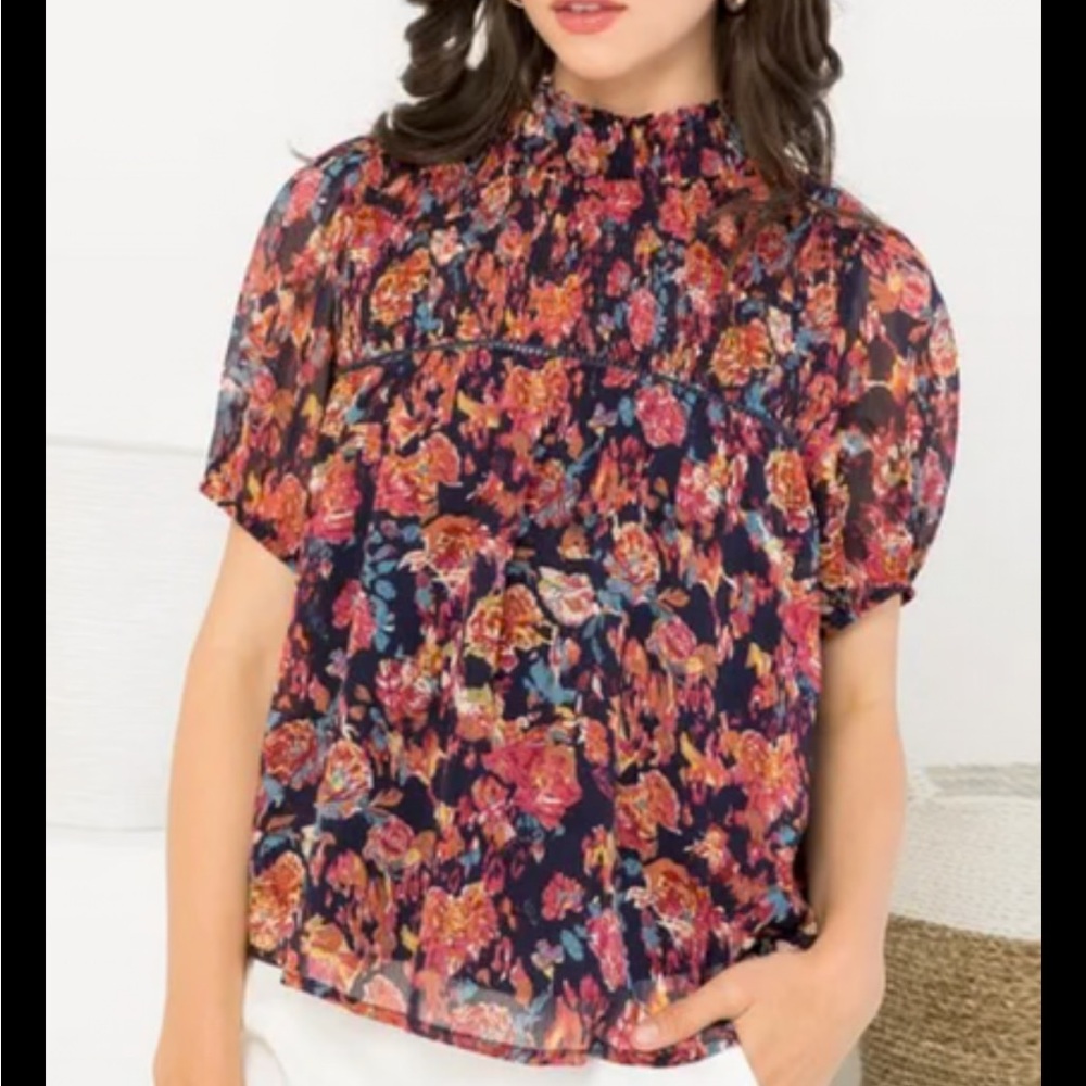 THML Smocked Floral Chiffon Short Sleeve Blouse
